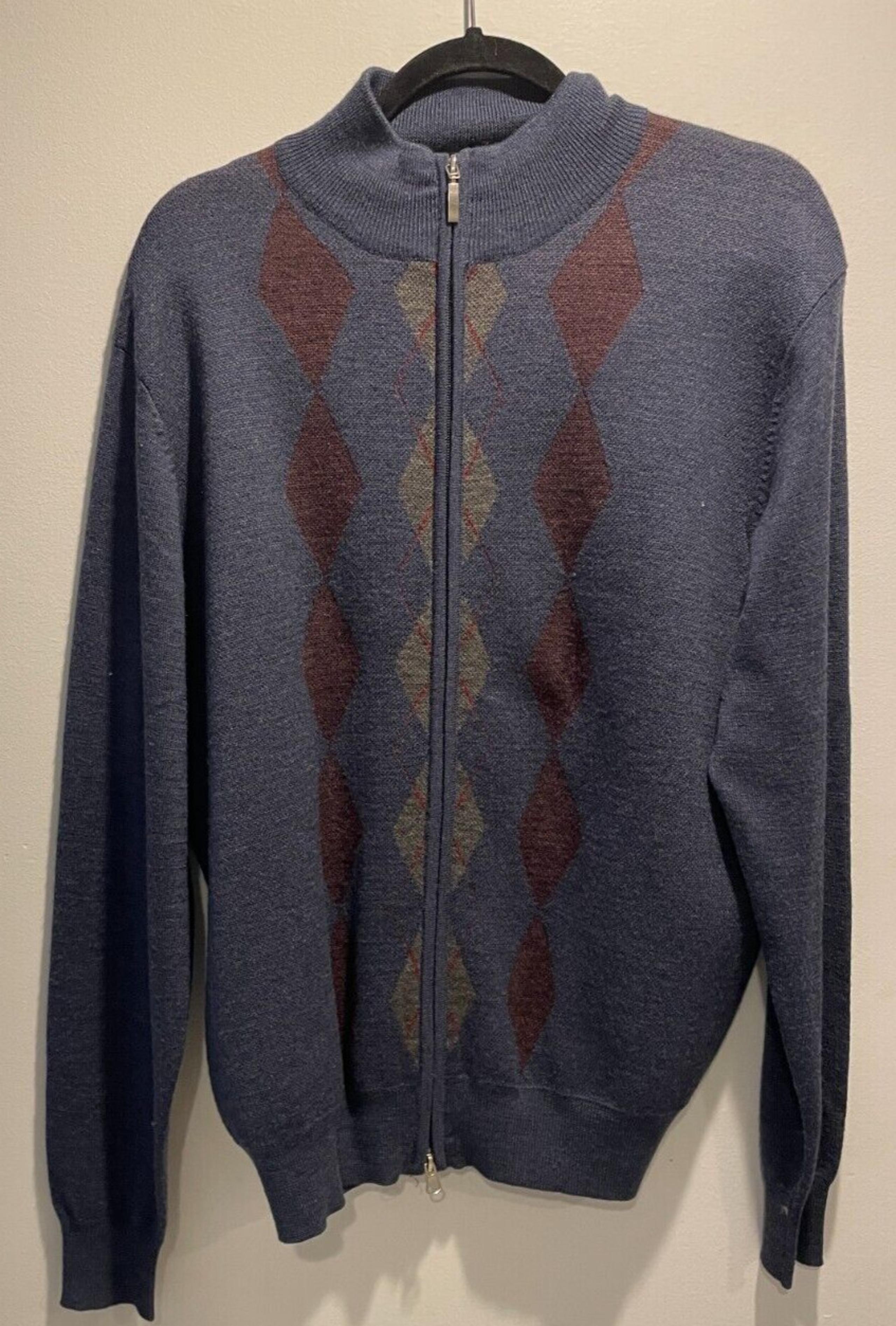 Neimen Marcus Men's Navy Blue Argyle Zip Sweater- Size Large