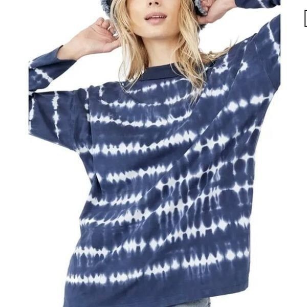 Free People Be Free Tie Dye Oversize Long Sleeve T-shirt In Navy Combo Sz XS