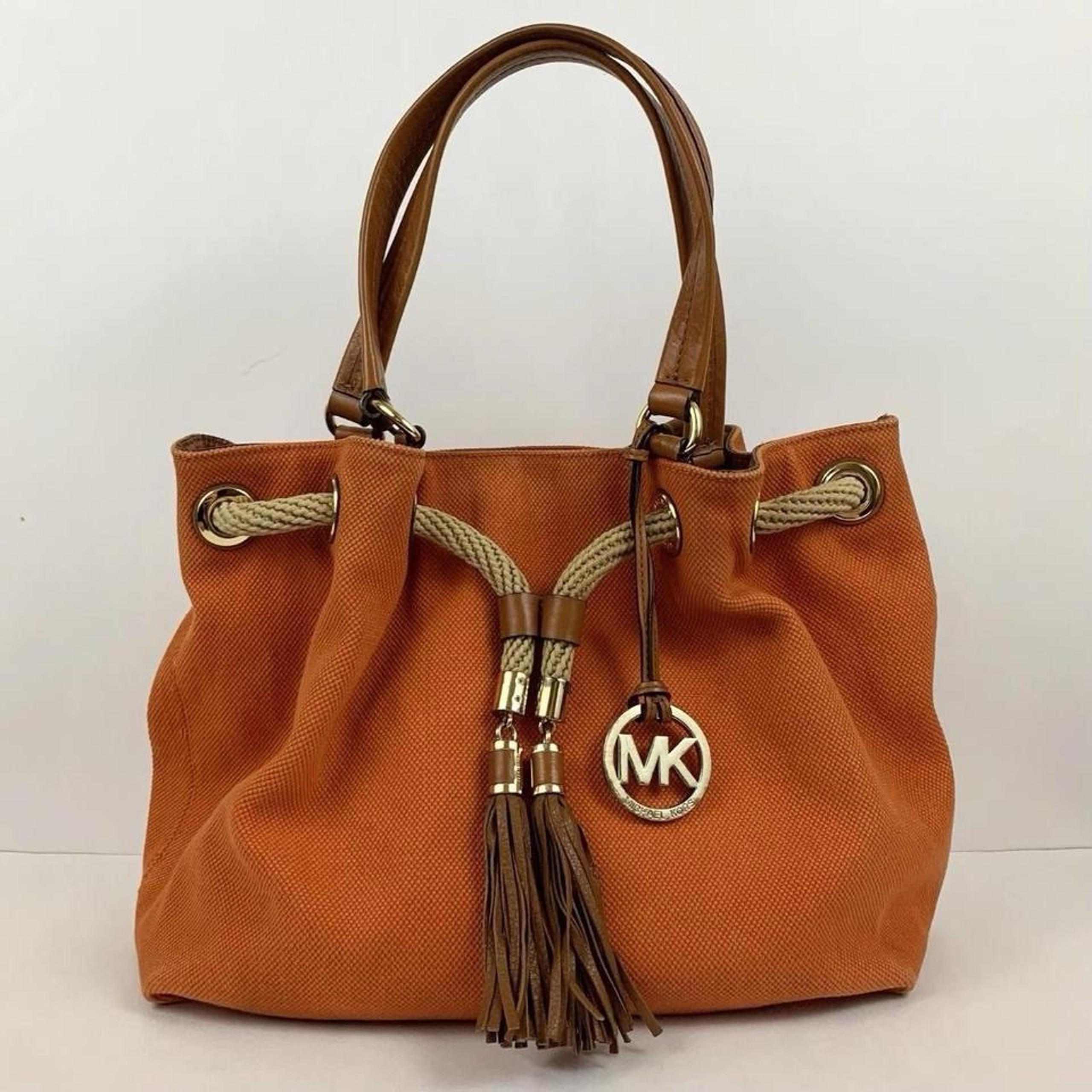 Michael Kors Bucket Bag Canvas Orange Large Tassel Leather Trim Hobo Tote Purse