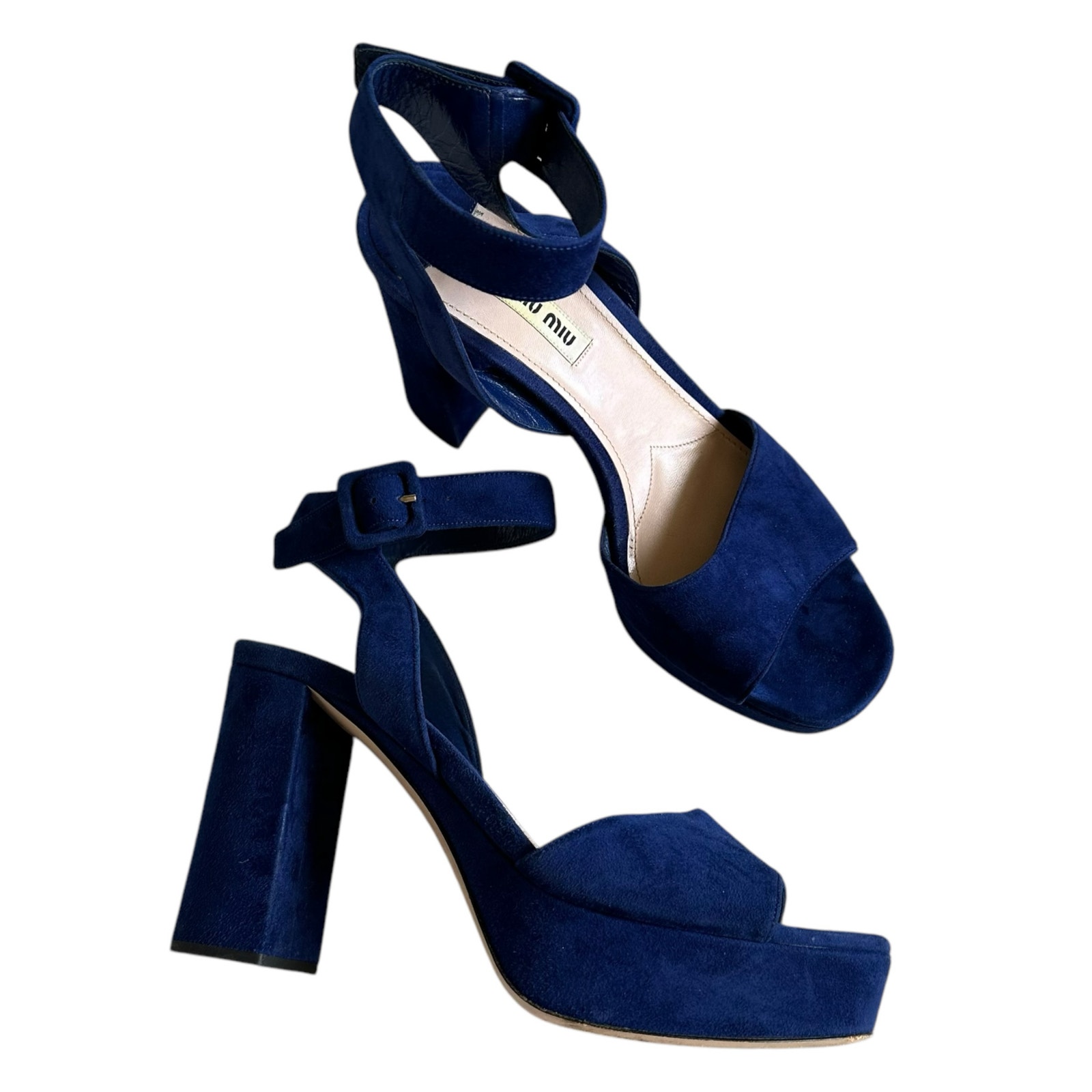 MIU MIU Blue Suede Platform Ankle Strap High Platforms Women's Size 39 9 Chunky