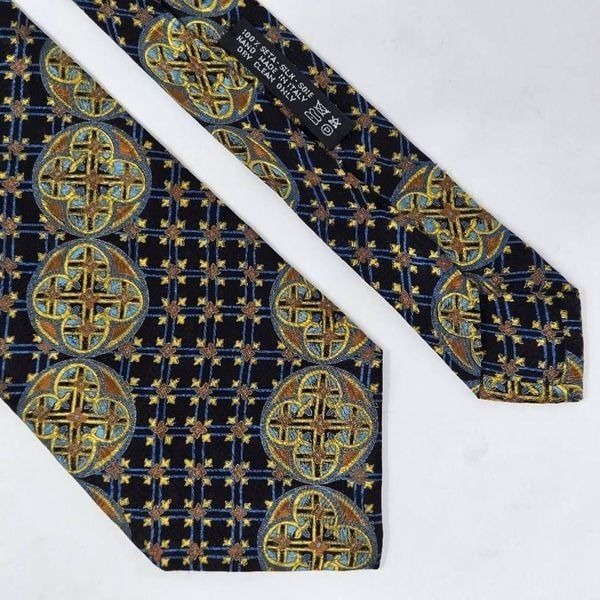 BRIONI SILK TIE BLACK BLUE GOLD NORDIC GEOMETRIC CIRCLES STRIPE 4 X 59