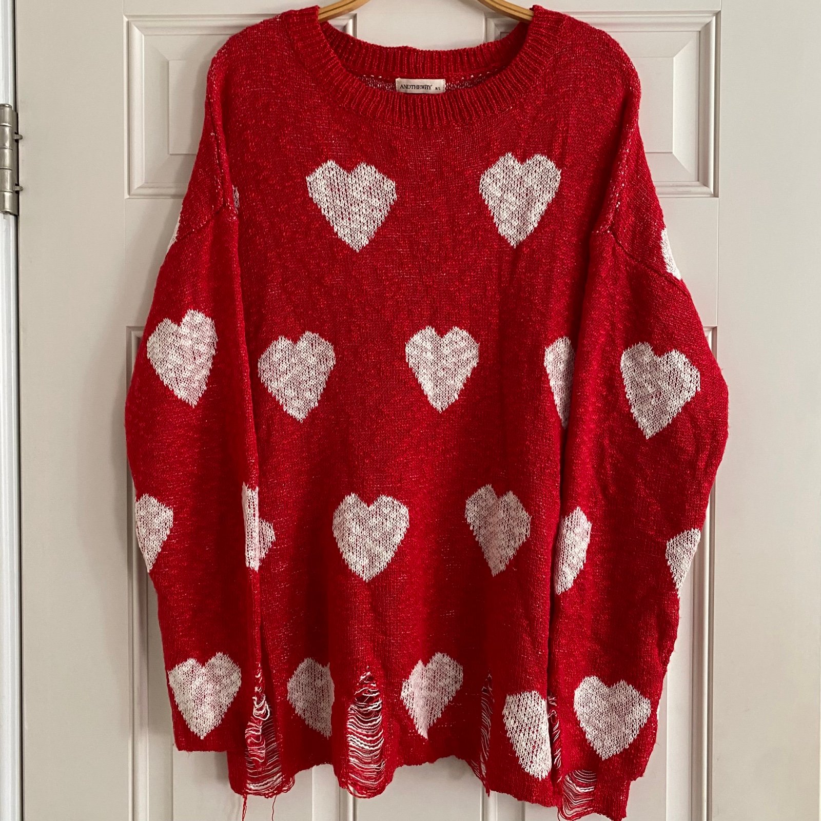Andthewhy Hearts Amy Crewneck Sweater Distressed Red White Grunge Valentine’s