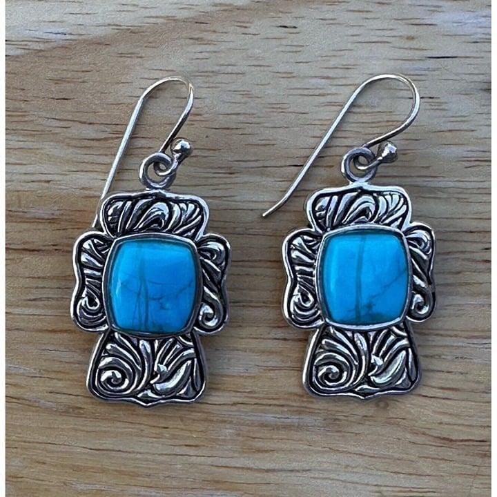 VTG Barse Turquoise Stone Cross Hook Dangle Earrings Silver Plated Ornate 1.5