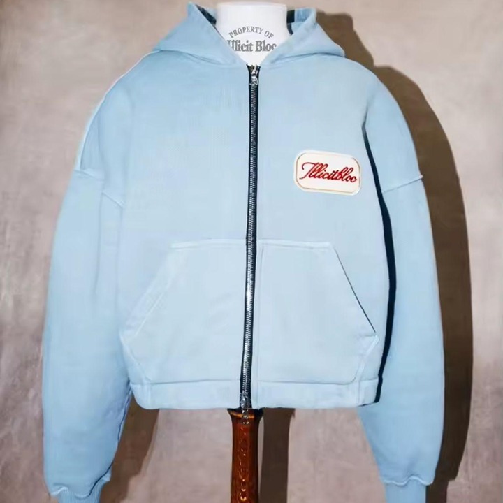 Hoodie Vintage Y2K Blue Embroidered Zip-Up Hoodie