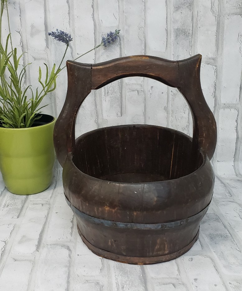 Large Antique 19th Century Chinese Wooden Rice Bucket