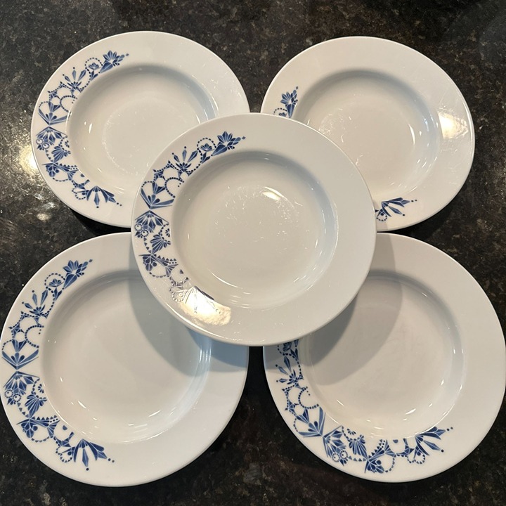 Ikea PROMENAD Set of 5 Blue White Rimmed Soup Blate Bowls Floral Turkey