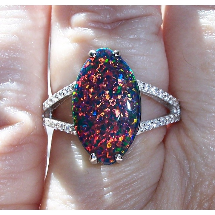 Size 6, 925 STERLING SILVER Lab Created Black Fire Opal Cubic Zirconia Ring