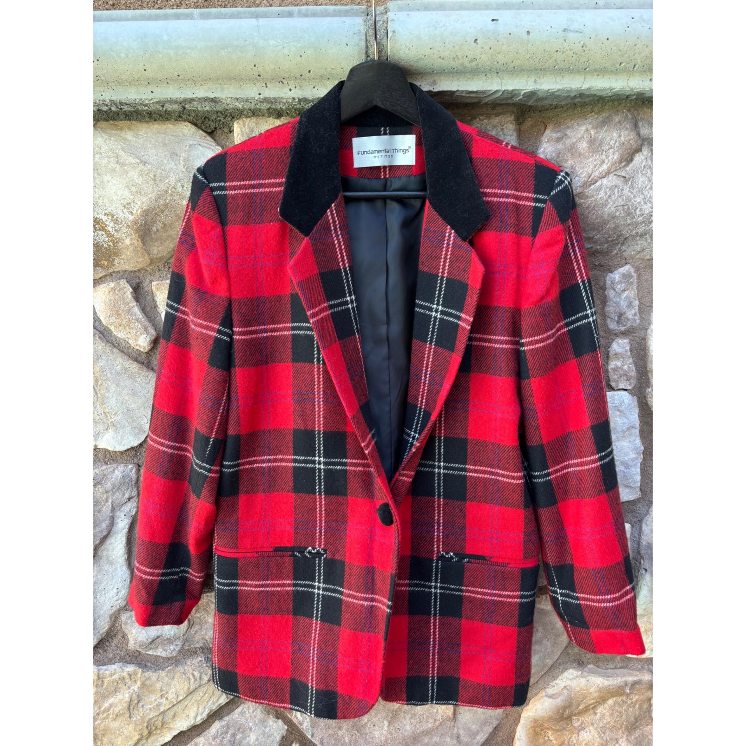 Vintage Fundamental Things Tartan Plaid Blazer Womens Size 4 Velvet Collar 90s