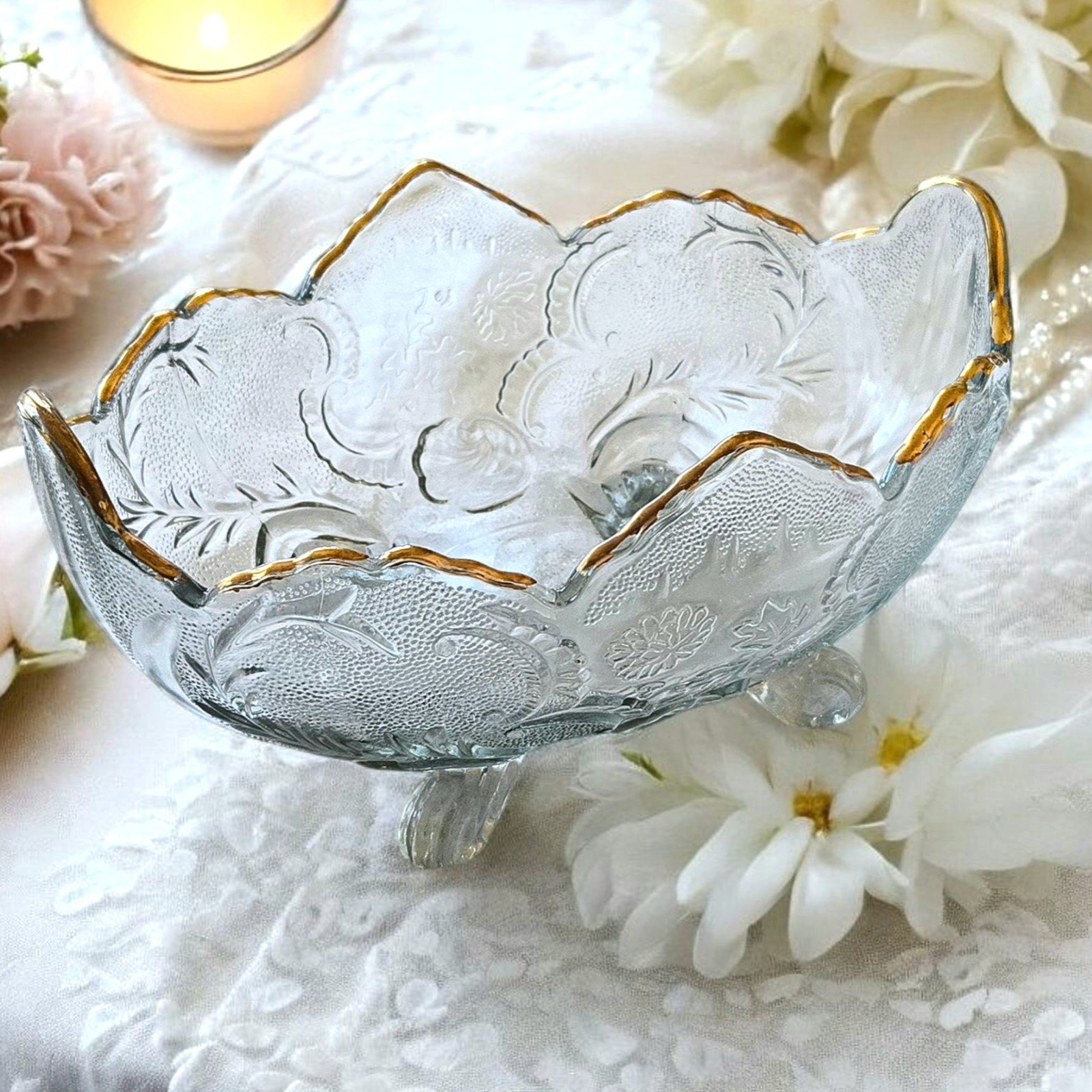 Elegant Pressed Glass Bowl 22K Gold Trim Footed Vintage Wedding Entertaining