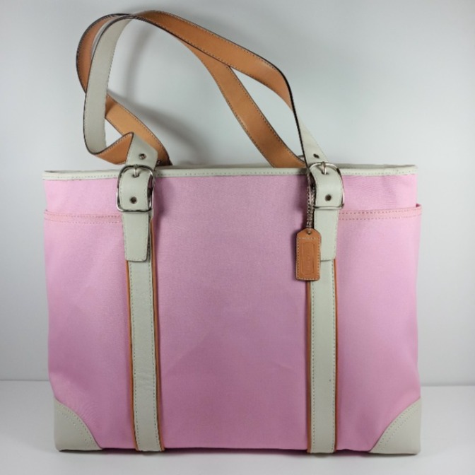 COACH Pink Canvas & White Leather Tote Shoulder Bag Hand Bag Purse