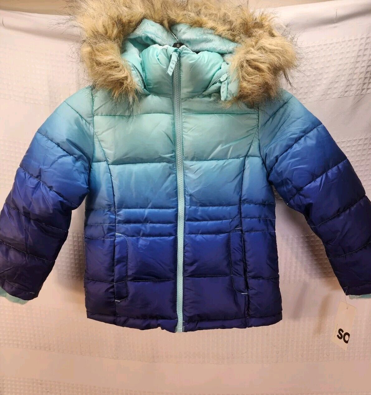 SO Girls Puffer Coat Size 4/5 Blue Hooded Faux Fur Warm Fleece Lined