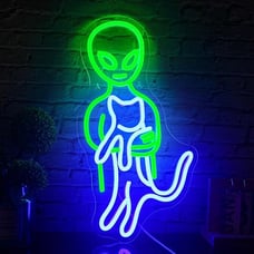 Green Alien Neon Sign, Funny Cat Alien Stuff Neon Signs for Men Cave