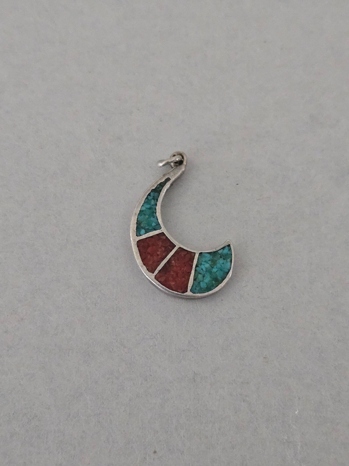 VTG Native American Navajo Crushed Turquoise & Coral Crescent Moon Pendant