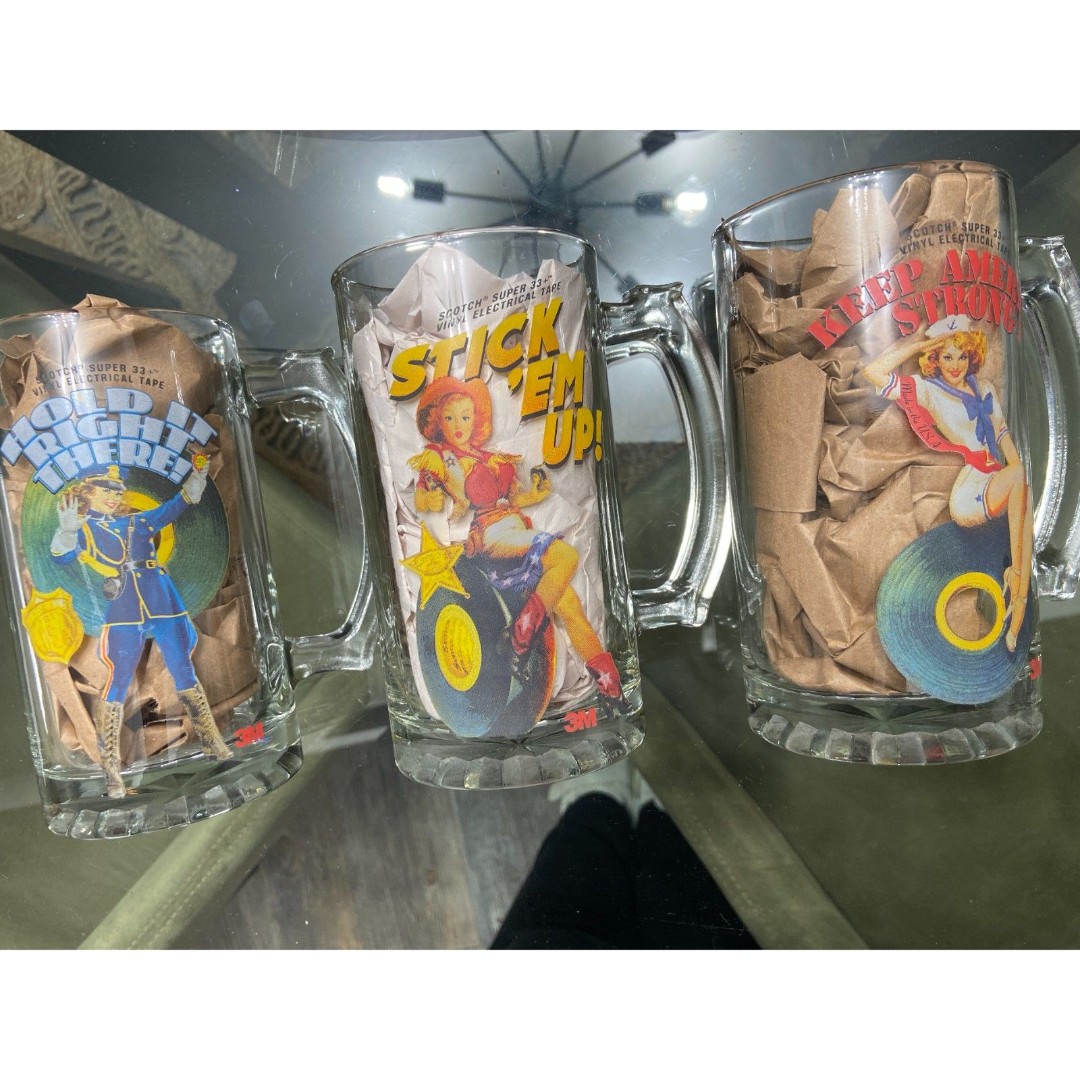 VTG Set of 3 - Pinup 3M Scotch Vinyl Electrical Tape 60 Year Glass Beer Mugs