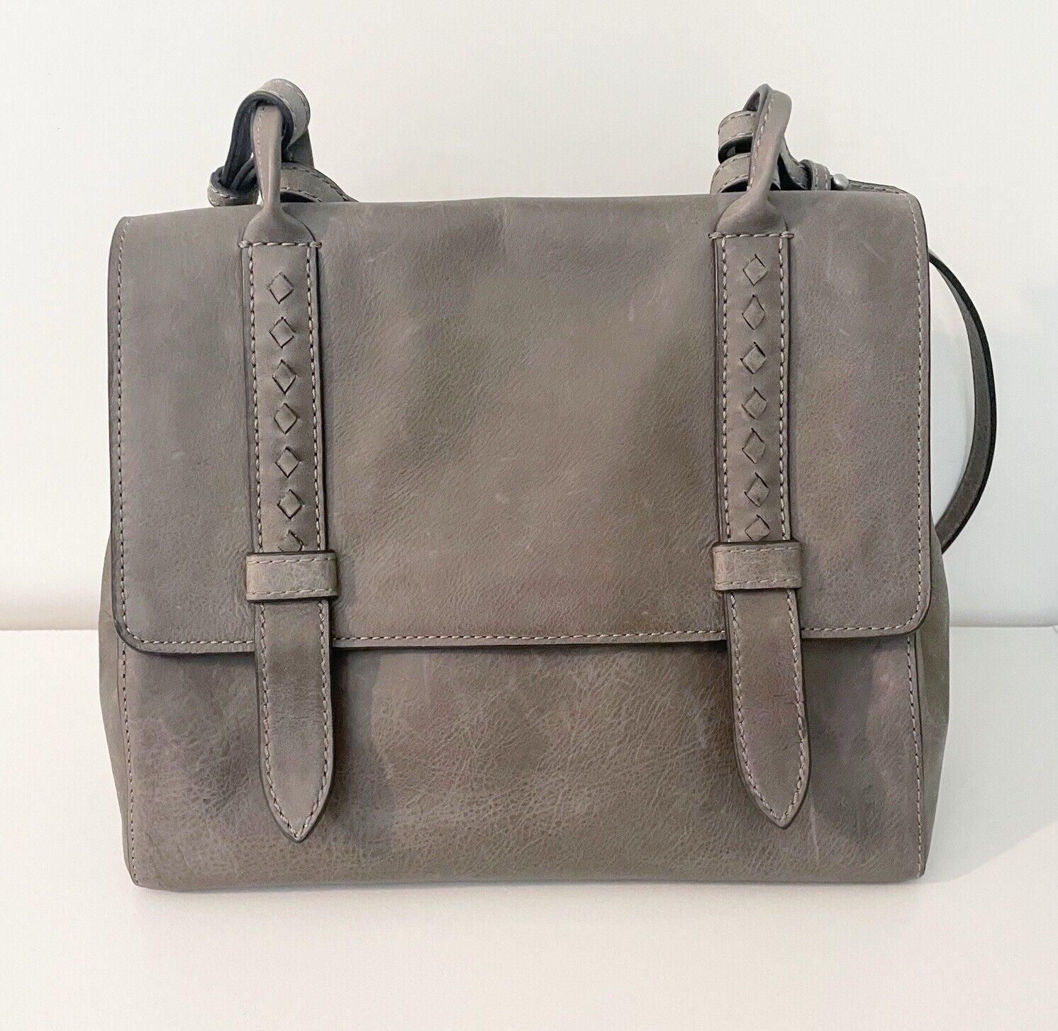 Frye 398 Reed Flap Satchel Dove Gray Distressed Leather NWOT