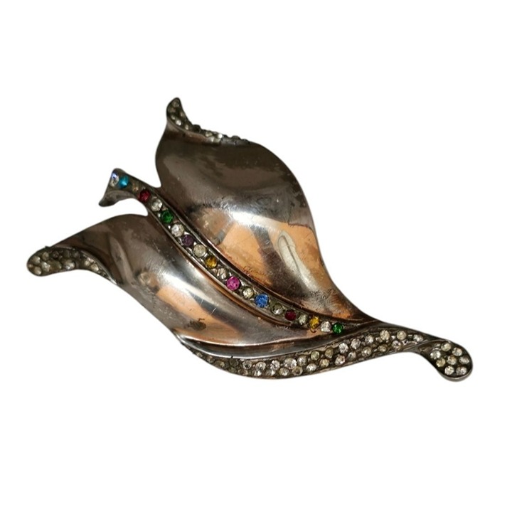 Vintage Sterling By Glamour Rhinestone Leaf Brooch (A8050)