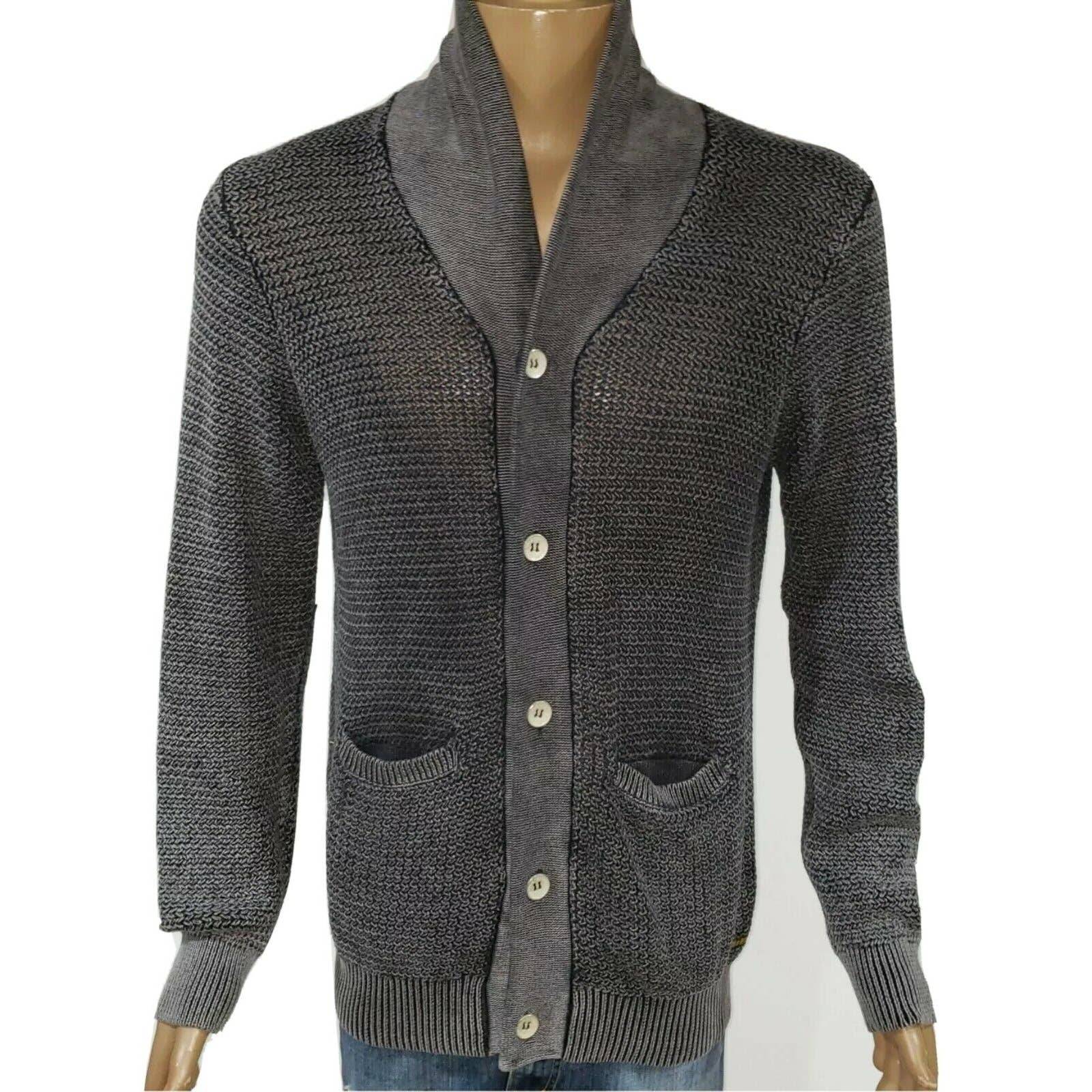 True Religion Mens Cardigan Small Knit Button Gray Shawl Collar Sweater Pockets