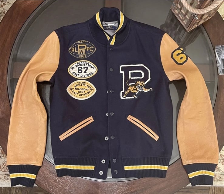Ralph Lauren Gent’s Size Small 100% Wool & 100% Leather Varsity Jacket Navy Blue