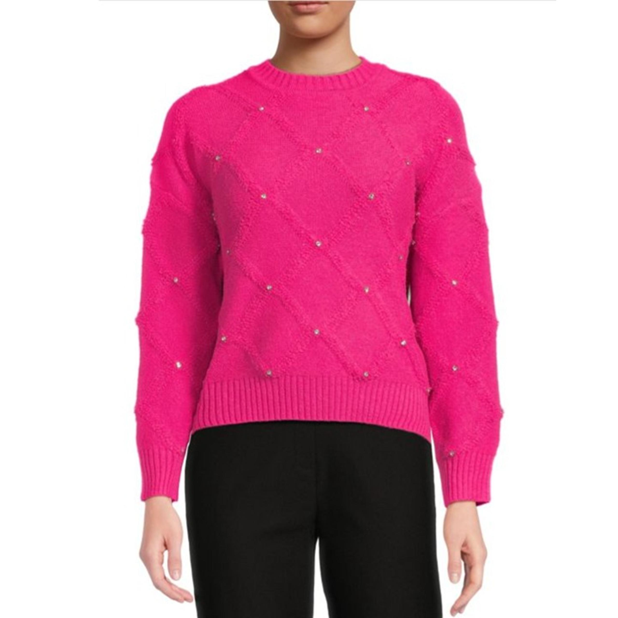 NWT Nanette Lepore Bedazzled Cable Knit Crewneck Pullover Sweater Women's M Pink