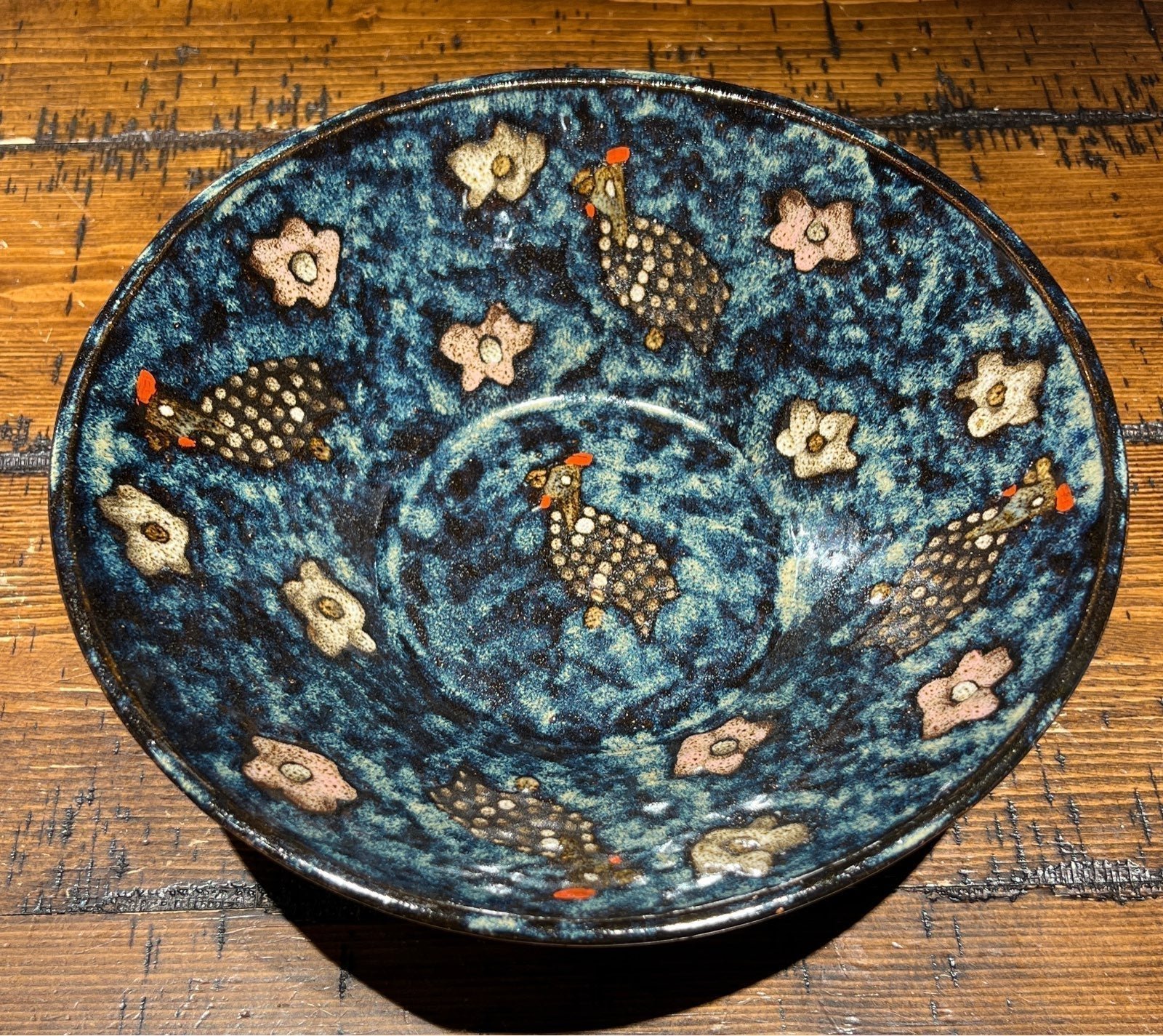 Studio Art Pottery Stoneware Bowl Mottled Blue Chickens Florals Signed Phils