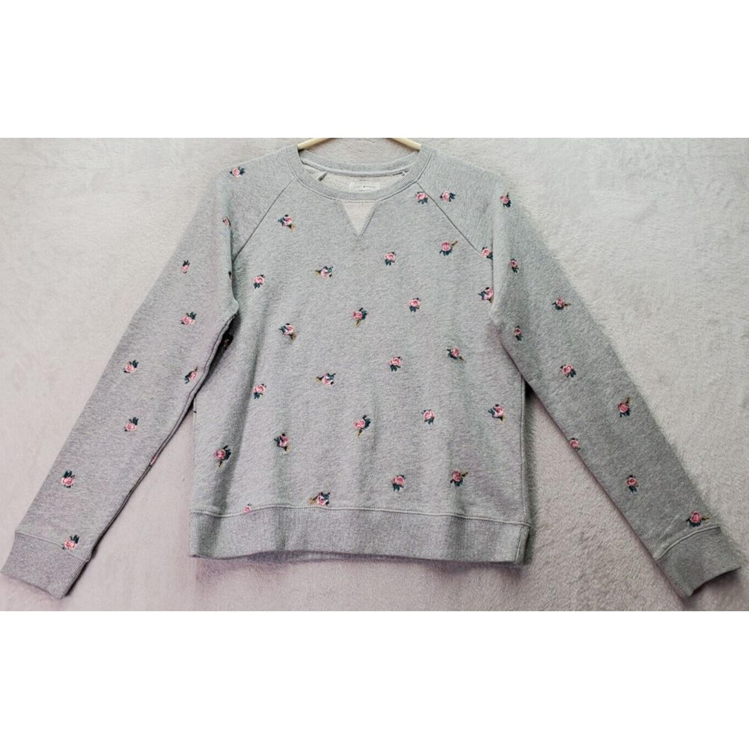 Lucky Brand Sweatshirt Womens XS Gray Embroidered Floral Long Sleeve Round Neck