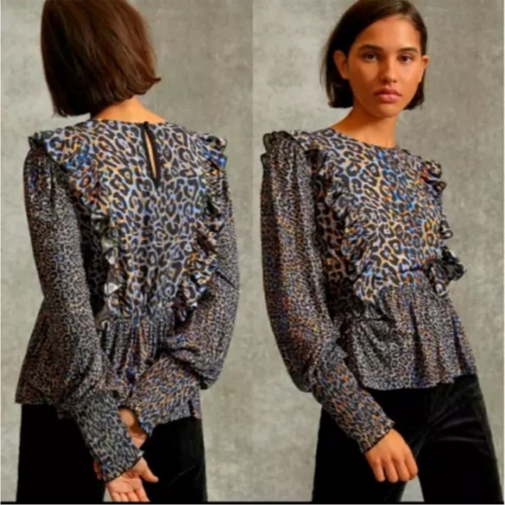 Blnk Bl^nk Anthropologie Moira Blue Leopard Print Ruffle Peplum Top Blouse Sz L