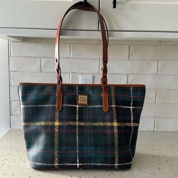 DOONEY & BOURKE Multicolored Leather Plaid Shopper Tote Shoulder Handbag Top Zip