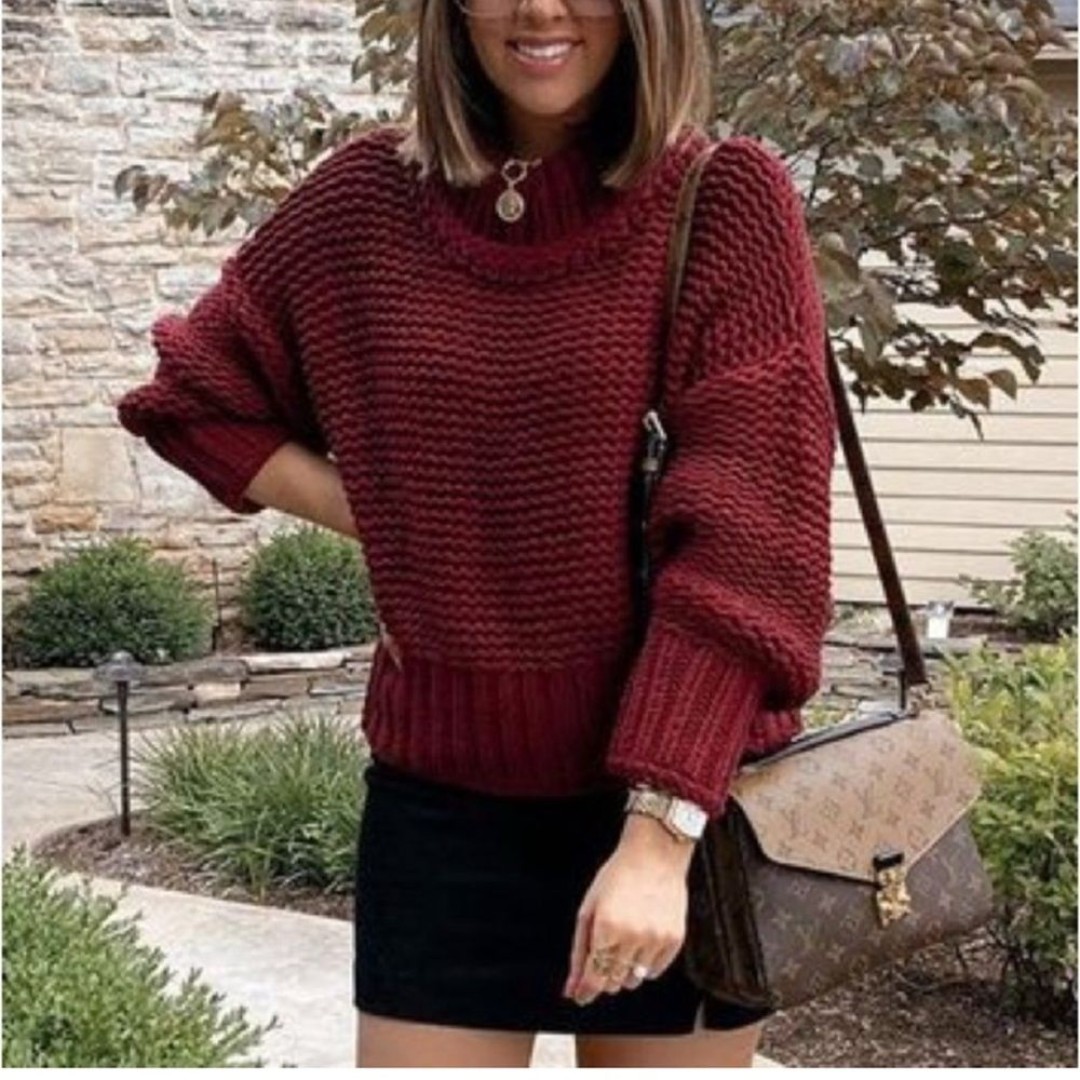 Free People Chunky Crop Sweater My Only Sunshine Burgundy Size small
