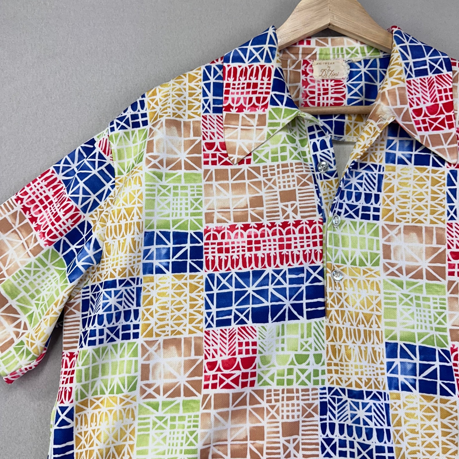 VTG 60s Di Fini Camp Shirt Mens Medium Tiki Patchwork Short Sleeve Hawaiian