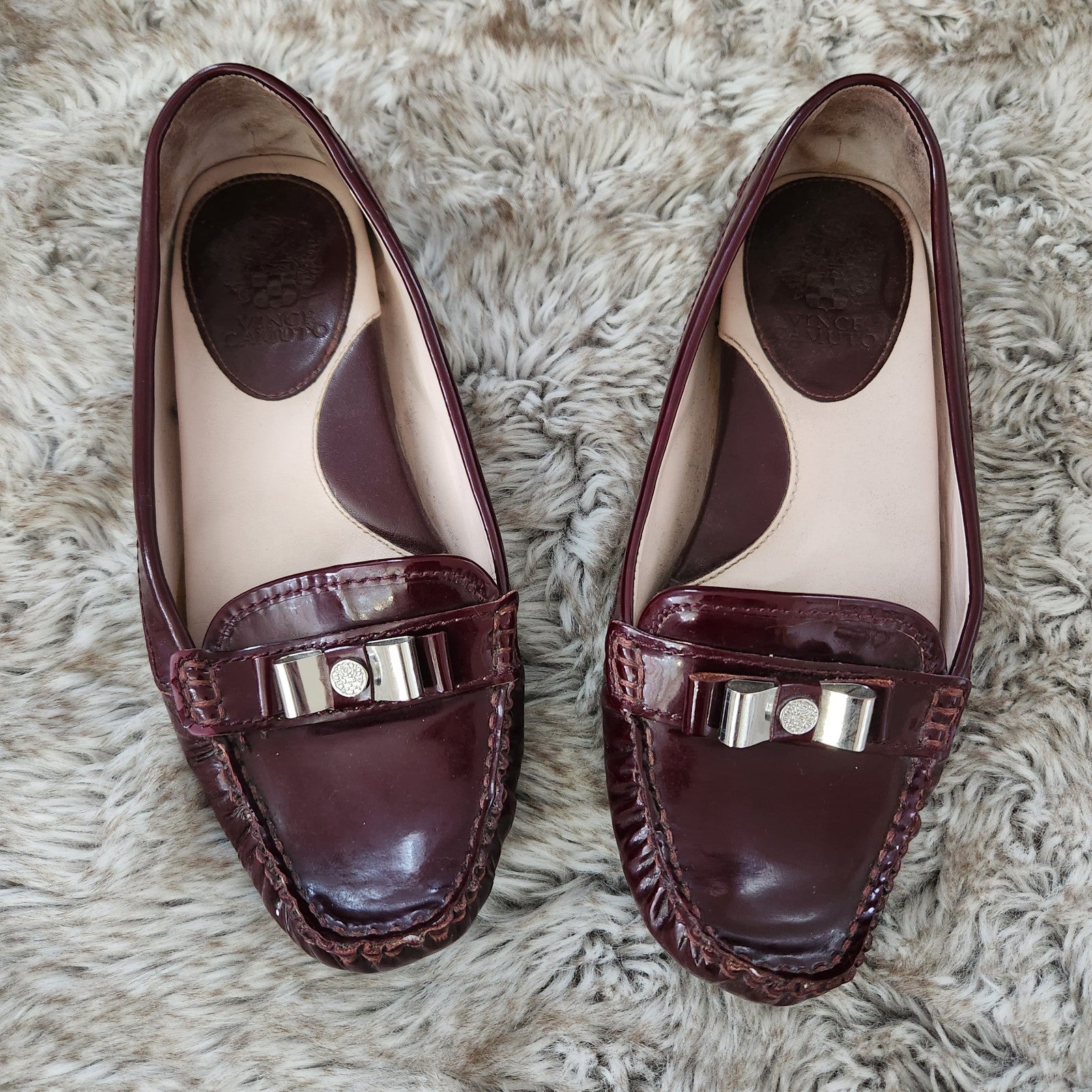 Vince Camuto Palmira Burgundy Patent Leather Retro Driver Loafers Size 9 1/2