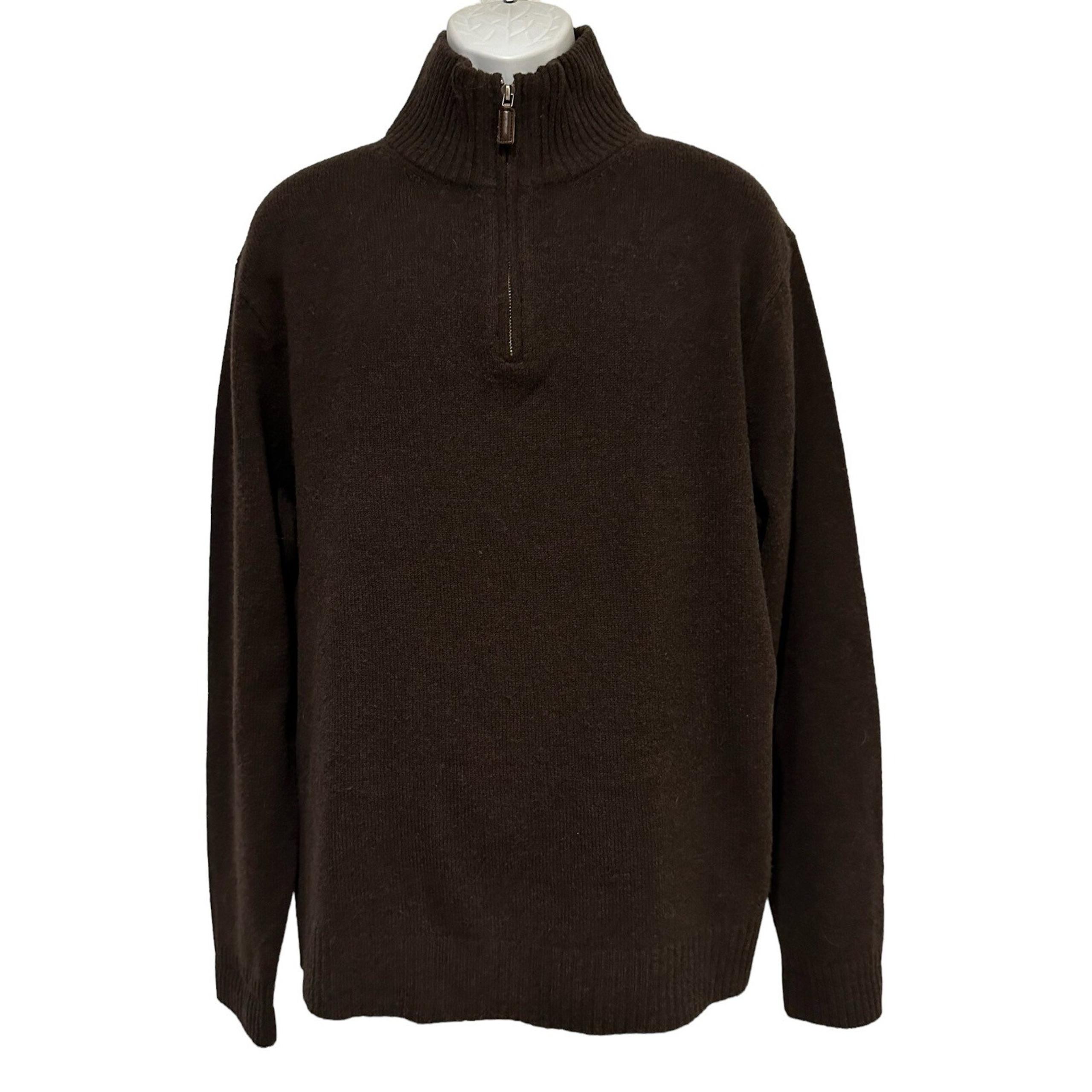 J Crew Mens Sweater Brown Lambswool Preppy Outdoor Quarter Zip Leather Pull XL