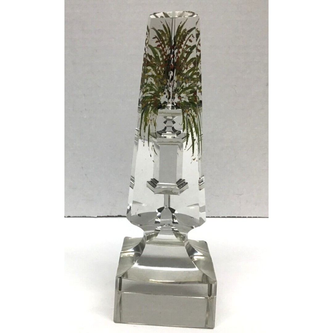 Cut Crystal Oblique Art Glass Hand Painted Vintage Pedestal Paperweight