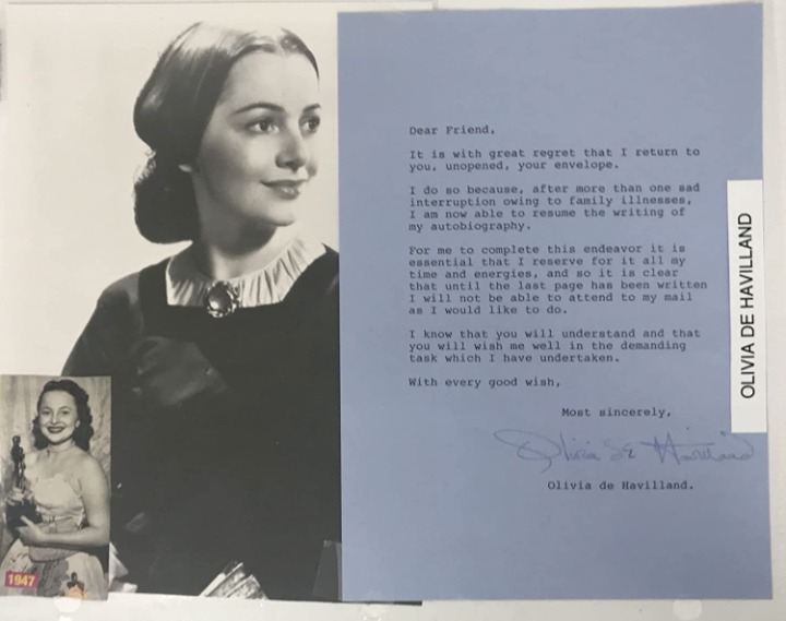 Olivia de Havilland Signed Autographed Vintage Letter 8.5x11 Display - COA