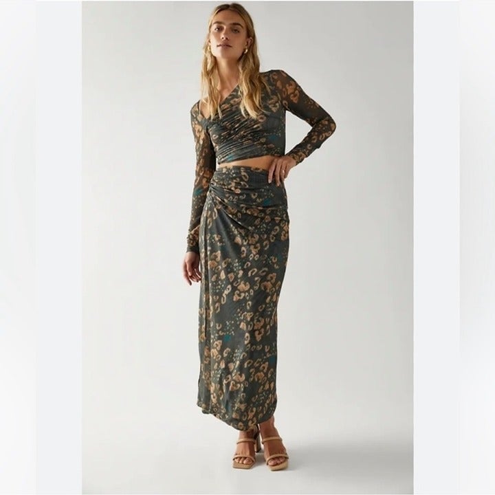Free People Supernova Set Two Piece Skirt Crop Top Long Sleeve Dark Comb…