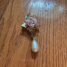 Vintage Pink Porcelain 3D Rose Mounted on Filigree Gold Tone Base w Enamel Leave
