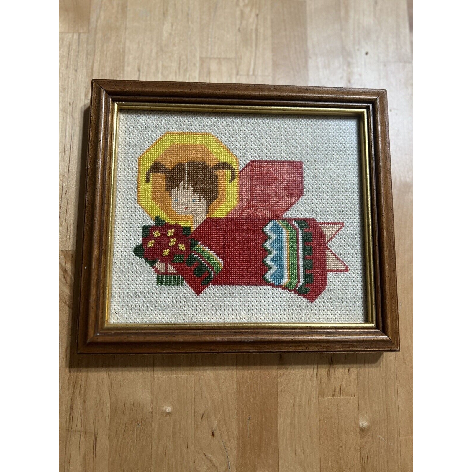 VTG Angel Girl Hand Stitched Handmade Needlepoint Framed! 9X8”