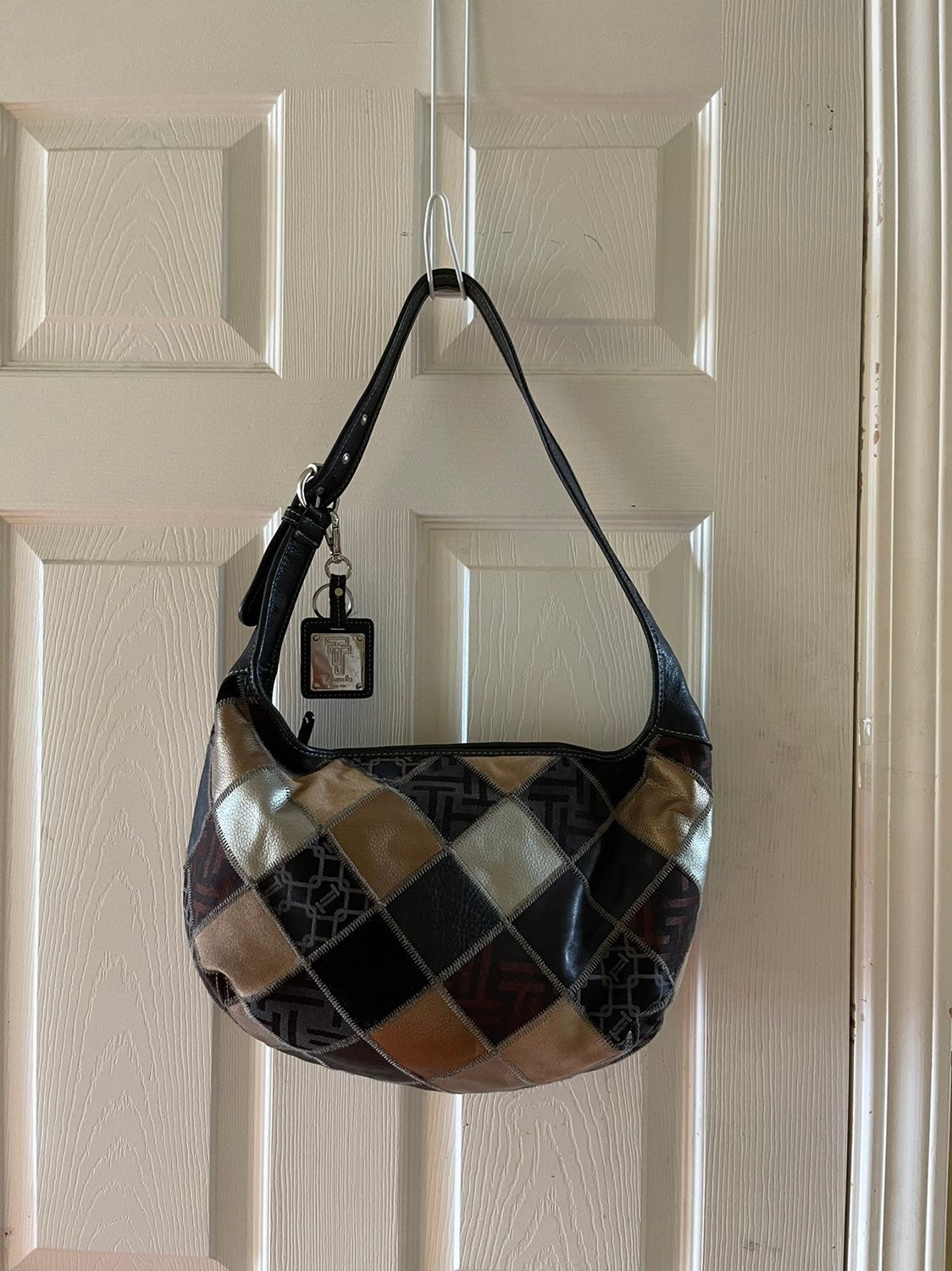 Tignanello Hobo multi color geometric shapes patchwork leather shoulder bag
