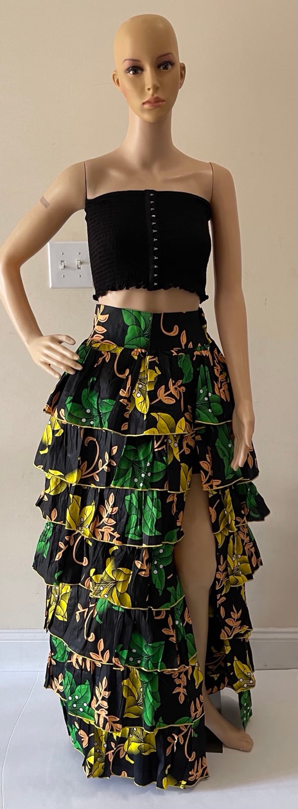 Floral Print Green Multicolor Layered Ruffle High Slit Maxi Skirt