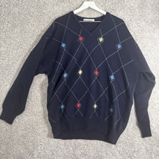 Vintage Lyle & Scott Argyle Sweater Mens XLarge V-Neck Blue Colorful Diamonds
