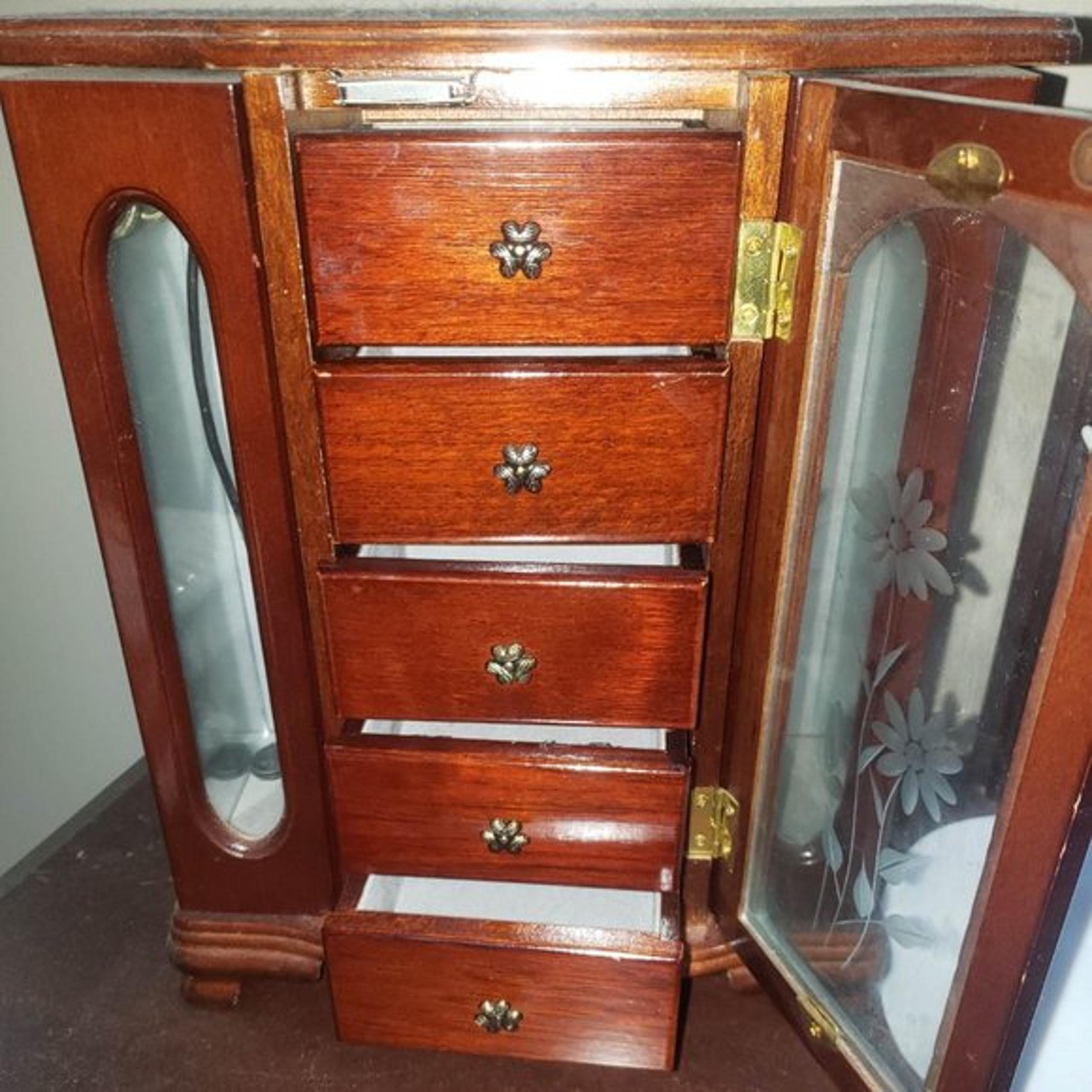 Natural Hardwood Wooden Jewelry Box Organizer 12" Double mirror side door 5 box