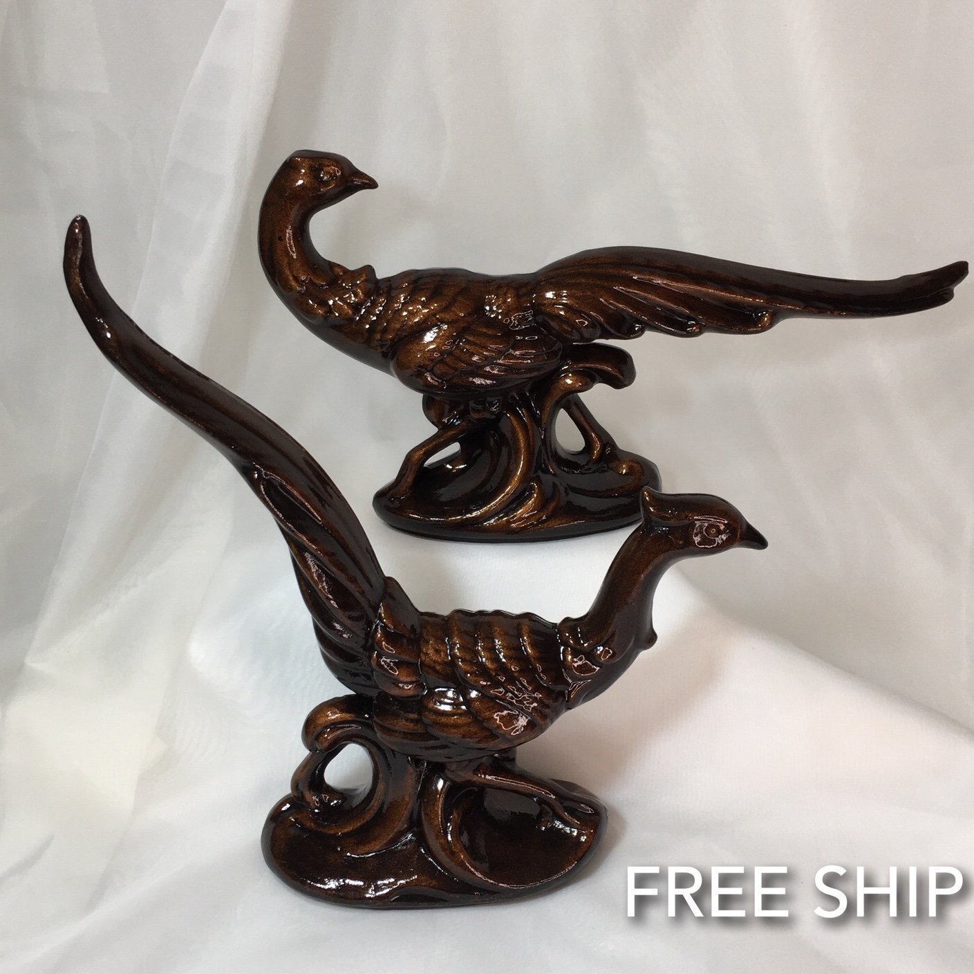Large Pheasant Bird Figurine Pair, Bronze Tones, Vintage, Ceramic❤️