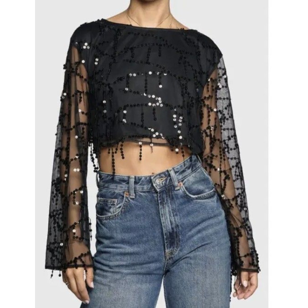 Sexy NWT Sheer Mesh Sequin See Through Long Sleeve Clubwear Whimsigoth Top S
