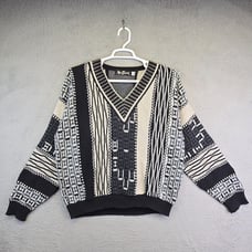 Vintage Alan Stuart Sweater Men's M V-Neck Black Patchwork Eclectic Grandpa