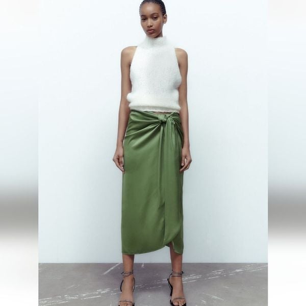 Zara green satin effect skirt with knot