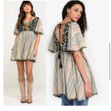 FREE PEOPLE STRIPED EMBROIDERED MINI DRESS SMALL