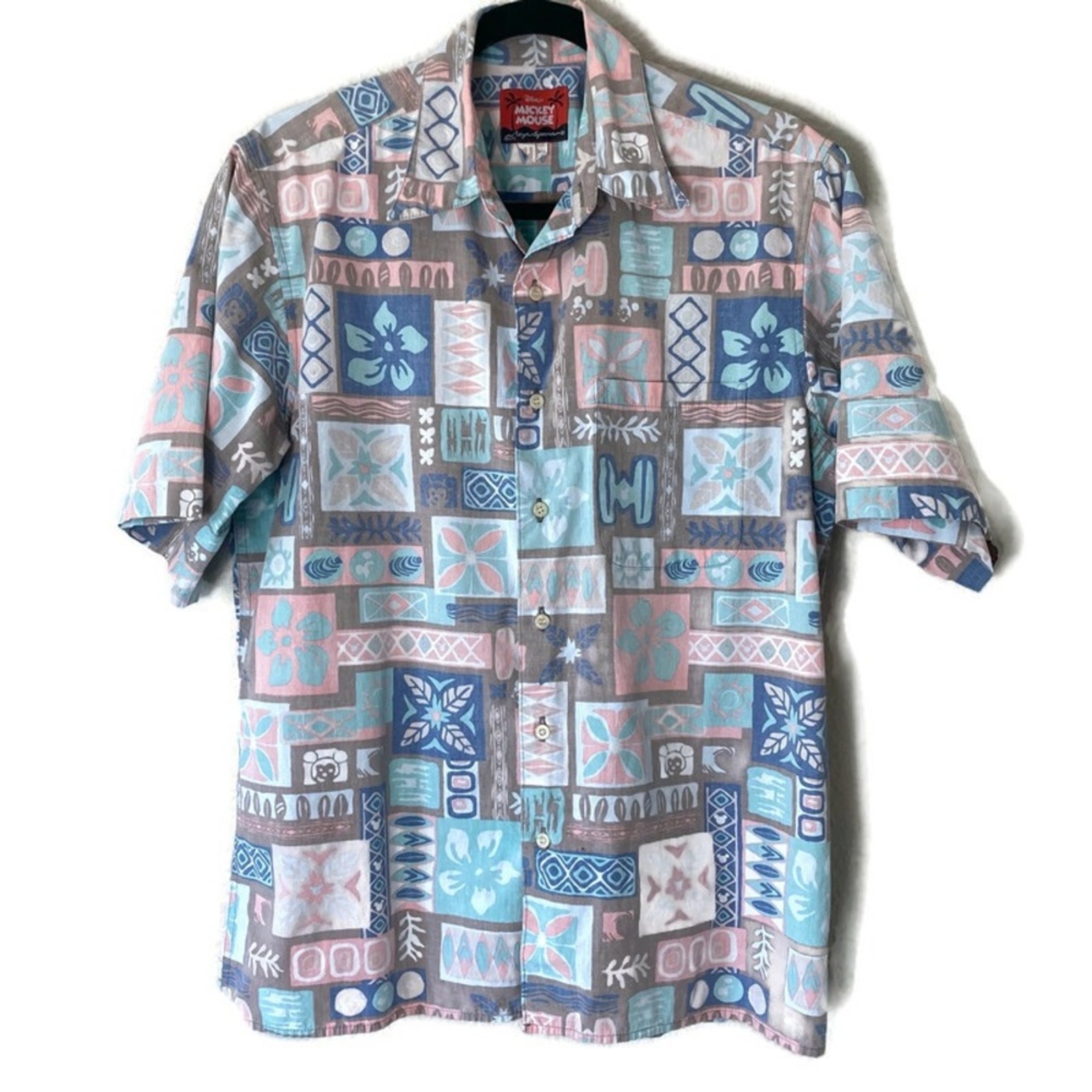 Vintage Disney Reyn Spooner Blue Hawaiian Short Sleeve Button Down Shirt Medium