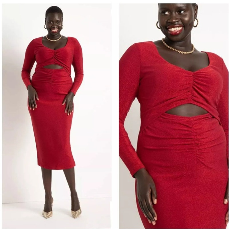 Eloquii Lurex Cutout Red Midi Bodycon Metallic Plus Size Dress Size 29