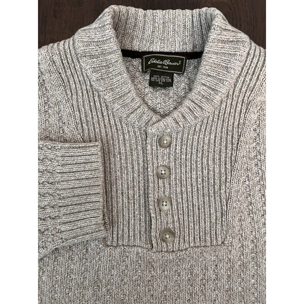 VTG Eddie Bauer Sweater Mens XL Beige Fishermans Knit Henley Grandpa Core Y2K