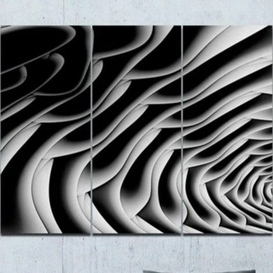 3 Panel Fractal Abstract Floral Wall Art - Black/White Abstract Art ~36 x28