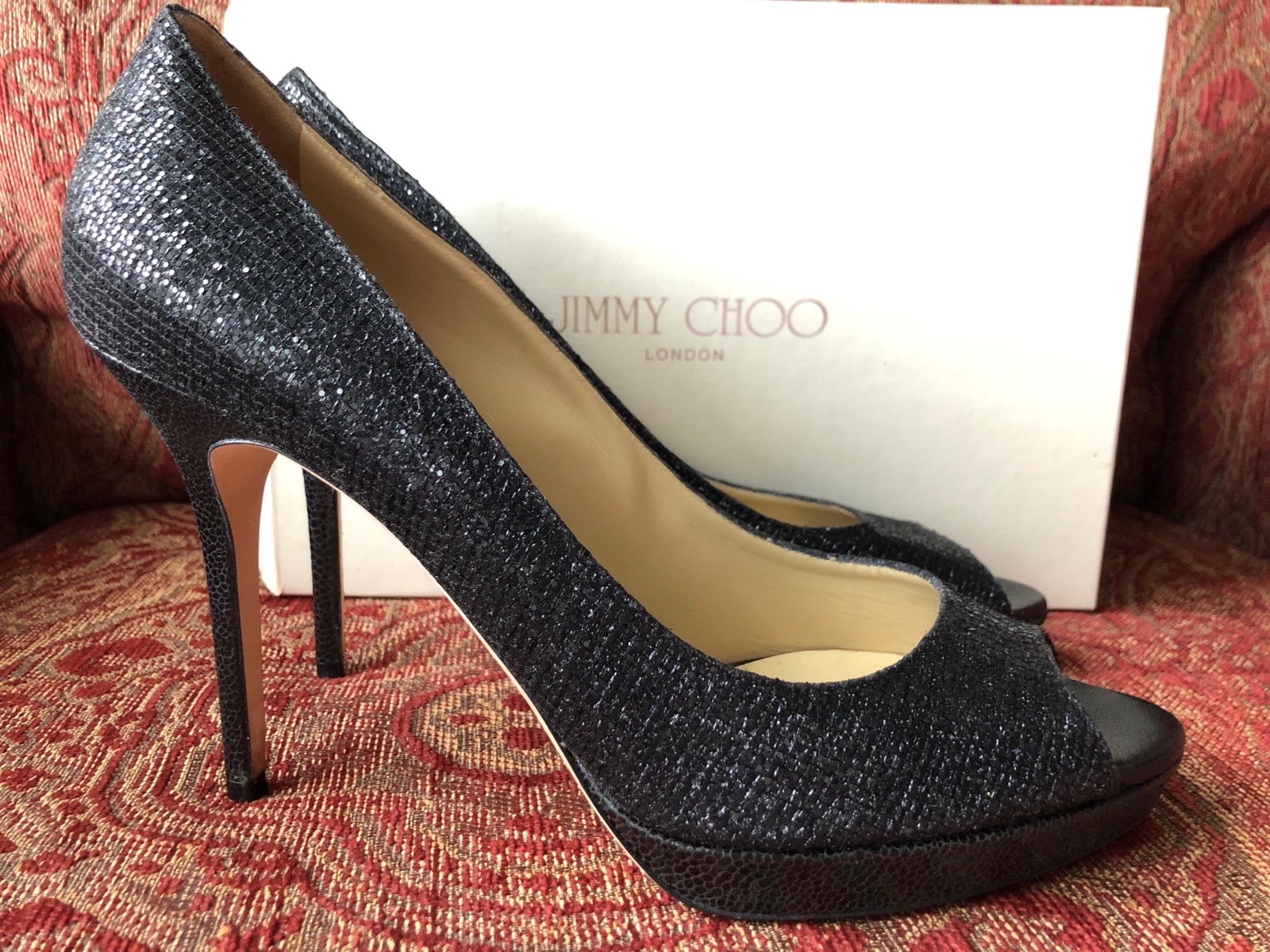 Jimmy Choo London Luna Peep toe heels pumps Black Glitter Sparkle Fabric 11.5B